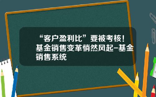 “客户盈利比”要被考核！基金销售变革悄然风起-基金销售系统