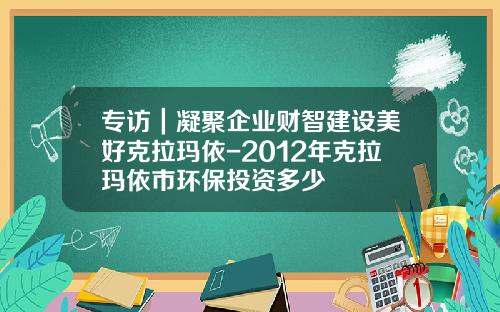 专访｜凝聚企业财智建设美好克拉玛依-2012年克拉玛依市环保投资多少