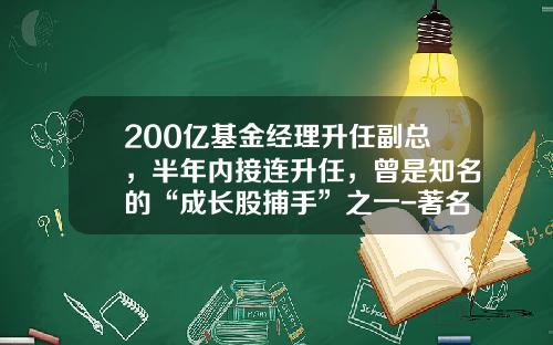 200亿基金经理升任副总，半年内接连升任，曾是知名的“成长股捕手”之一-著名基金经理